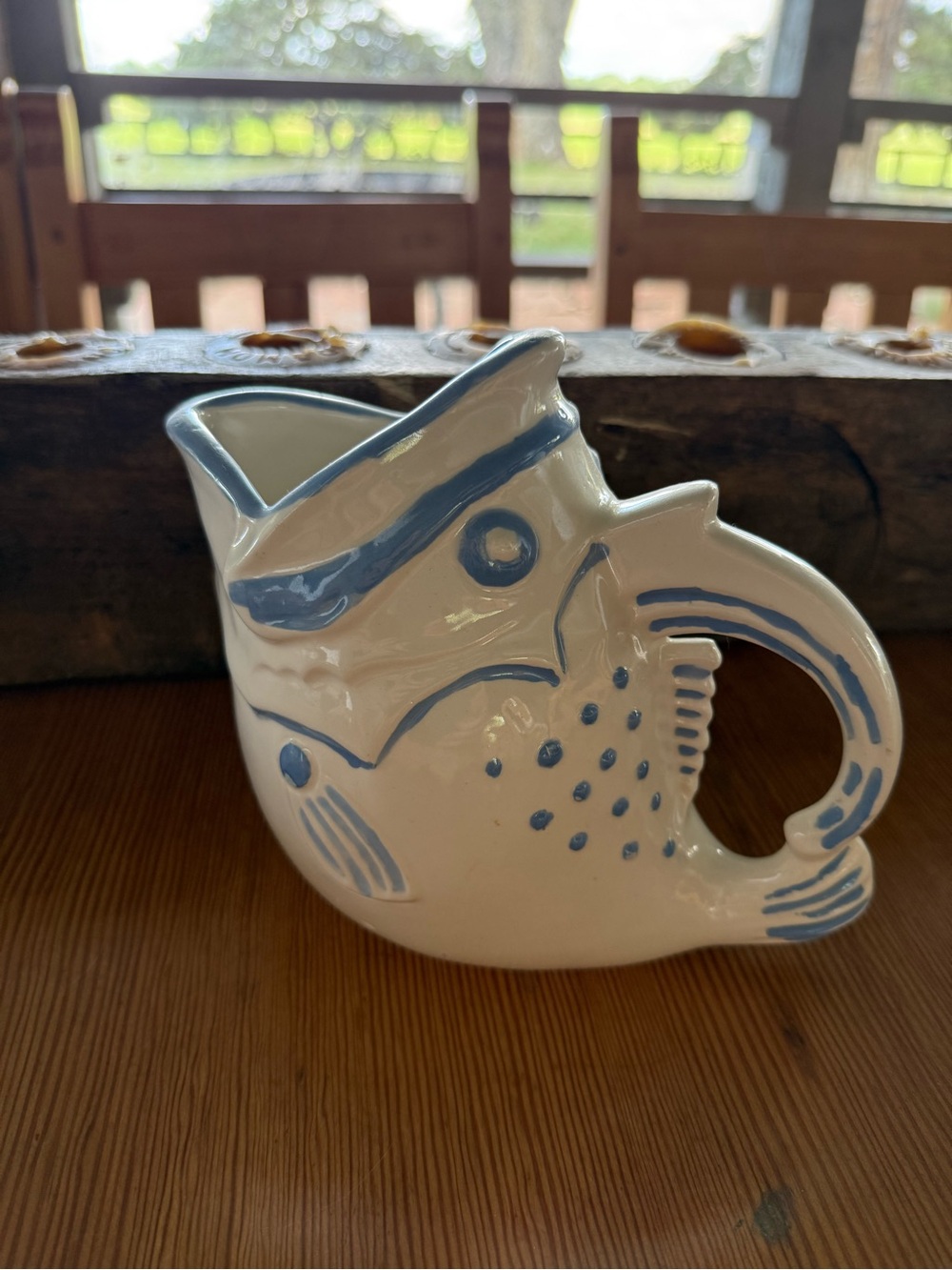 Handcrafted White and Light Blue Fish Pitcher Glug Jug